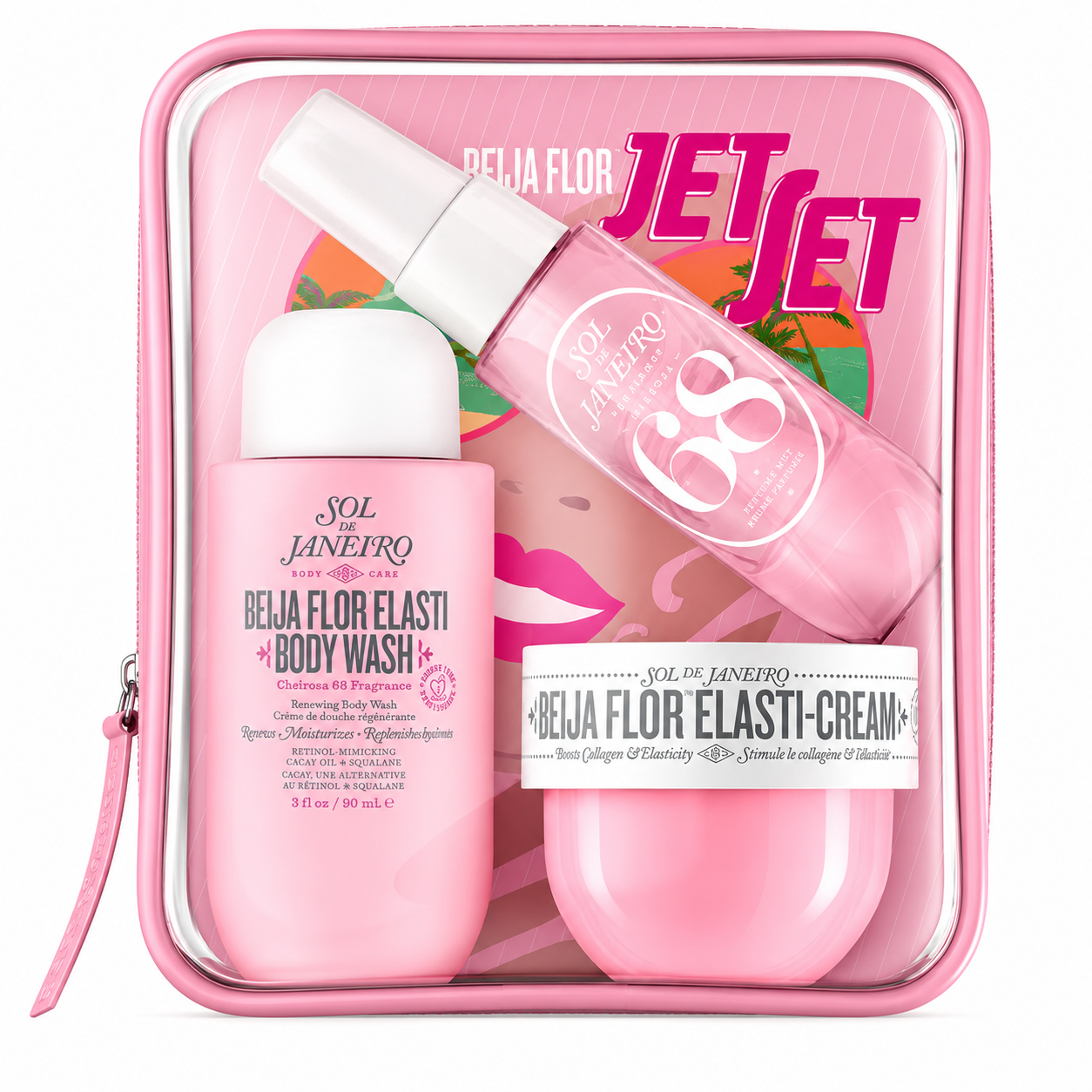 Pink travel set with 'Beja Flor' products including body wash and cream in a clear case.