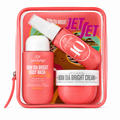 Cosmetic set with 'Bom Dia Bright' products in a 'Jet Set' themed case.