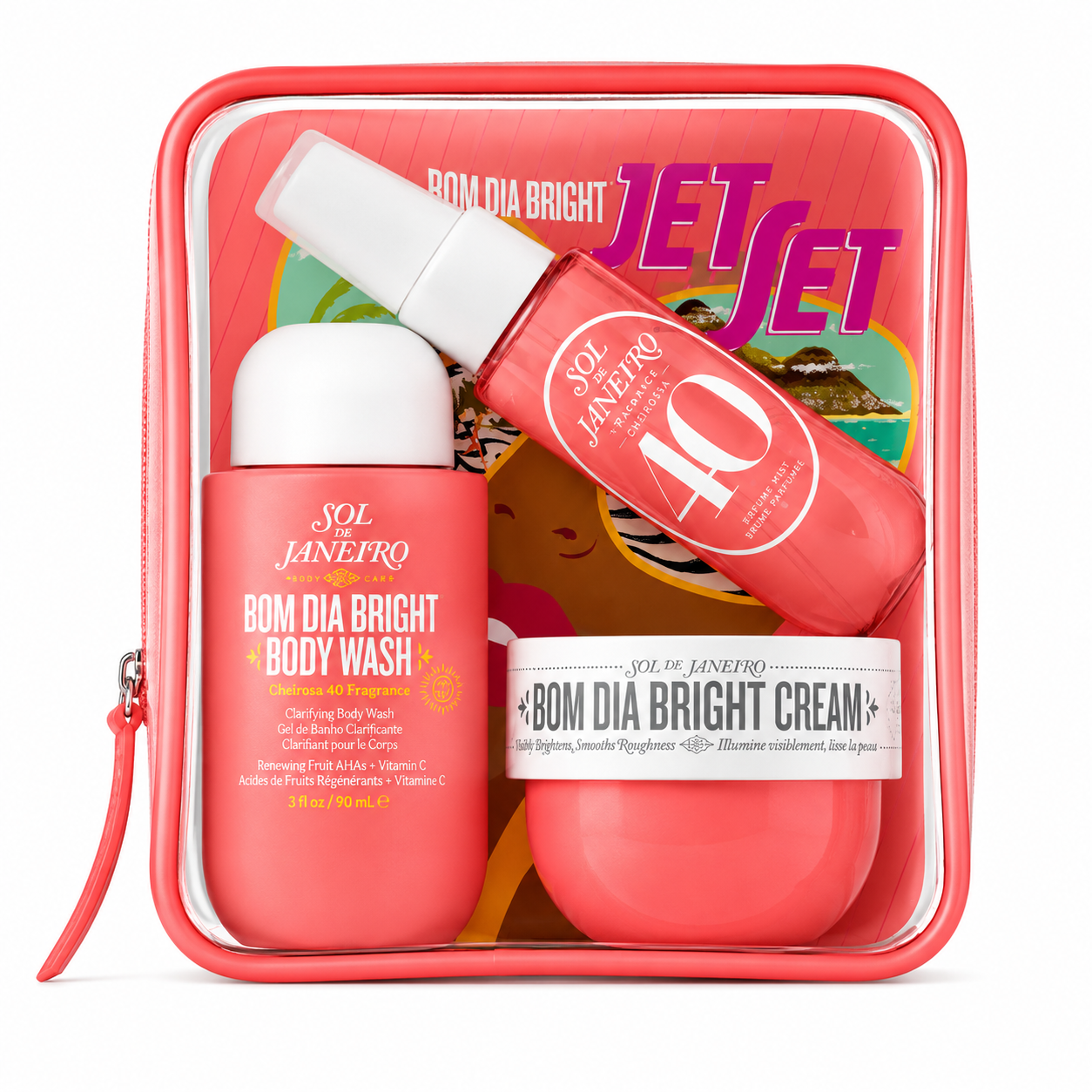Cosmetic set with 'Bom Dia Bright' products in a 'Jet Set' themed case.