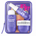 French Jet Set Sol Janefro skincare products in a purple case with 'Delicia Drench' branding.