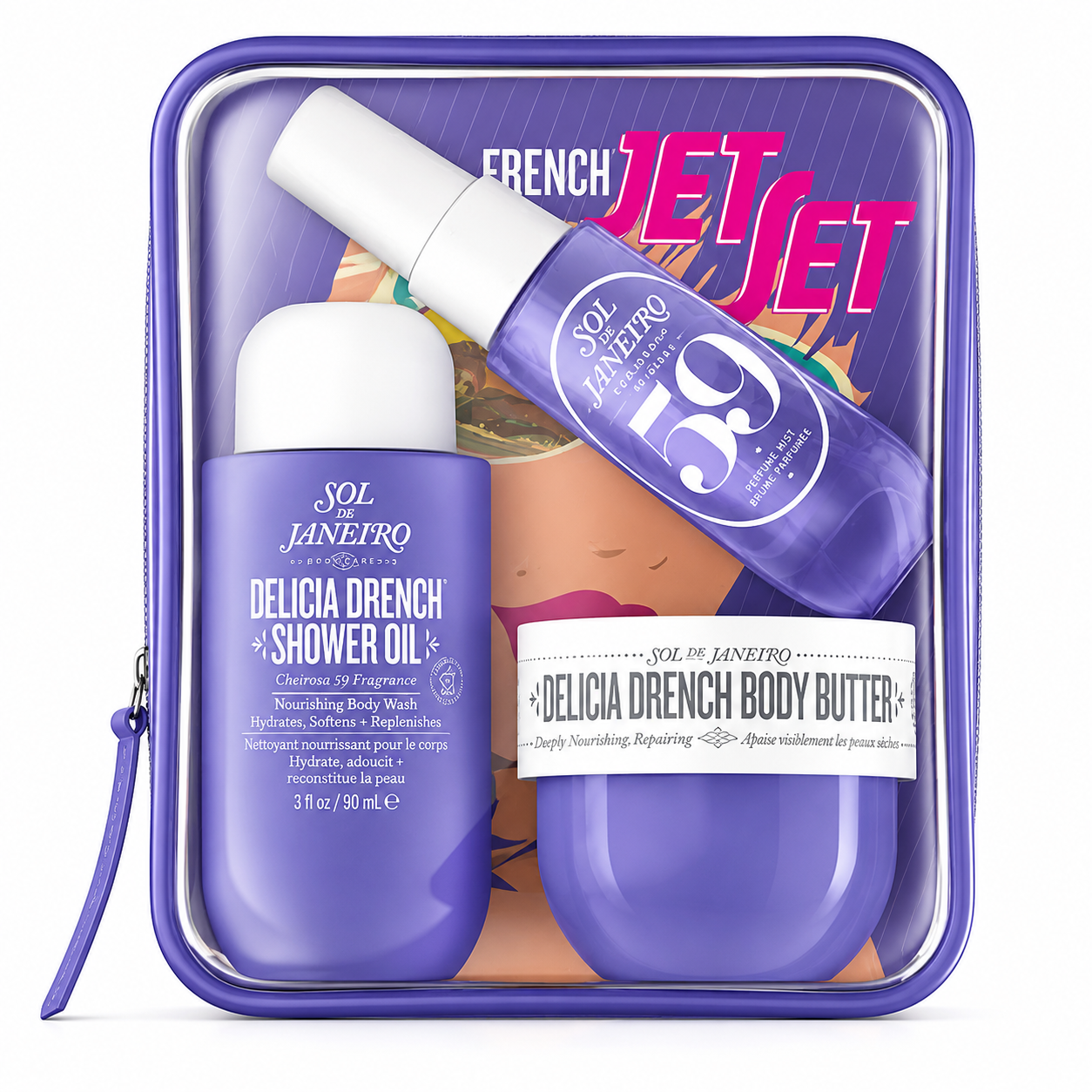 French Jet Set Sol Janefro skincare products in a purple case with 'Delicia Drench' branding.