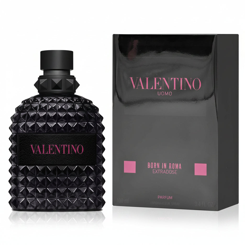 Black Valentino perfume bottle and packaging on a white background
