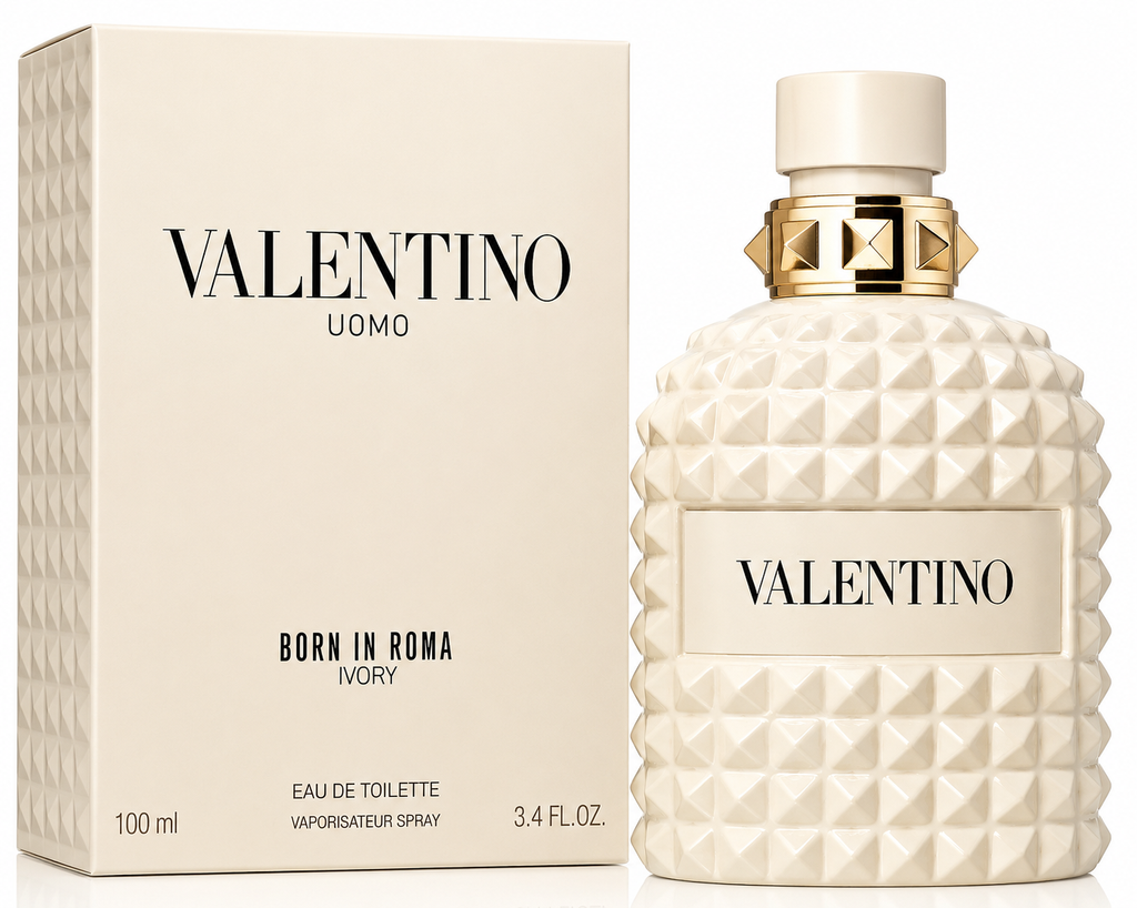 Valentino Uomo Born in Roma Ivory perfume bottle and packaging on a white background